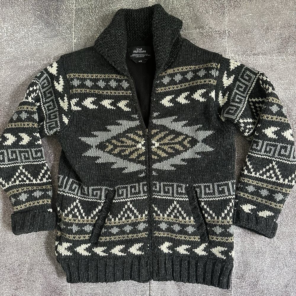 Men's Lost Horizons Mateo Tribal Aztec Cowichan Wool Zip Cardigan Sweater Sz M